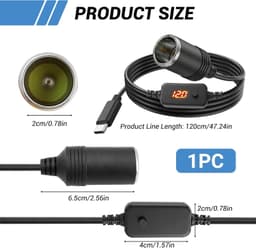 Adapter USB C naar Sigarettenaansteker 1,2m - LED Voltmeter - Instelbare Voltage 5V/9V/12V - Voor GPS en Dashcam - Vemera — thumbnail 5