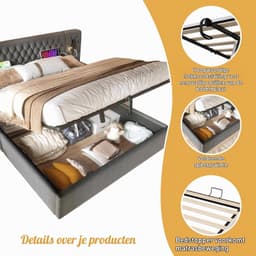 Bedframe 180 x 200 cm, slaapkamer, complete set, hydraulisch gestoffeerd bed met opbergruimte en 2 nachtkastjes, hoofdeinde met led-leeslamp en USB-oplaadfunctie, fluweel, grijs, zonder matras — thumbnail 3