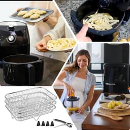 Airfryer Rack - Airfryer Mand | Trays | Racks voor du-al lade | 3x stapelbare grillmand roestvrij staal | Keukenstandaard voor stoomoven | Inclusief grijperclip — thumbnail 3