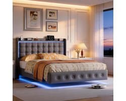 Bedframe 140 x 200 met LED, hoofdeinde met plank en USB/Type-C-poorten, metalen frame en latten, fluwelen bekleding (grijs, 140 x 200 cm)