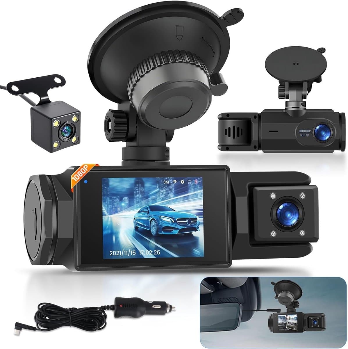 Dash Cam - Full HD - Drie-kanaals Opname - Nachtzicht - Voor Auto's — afbeelding 1