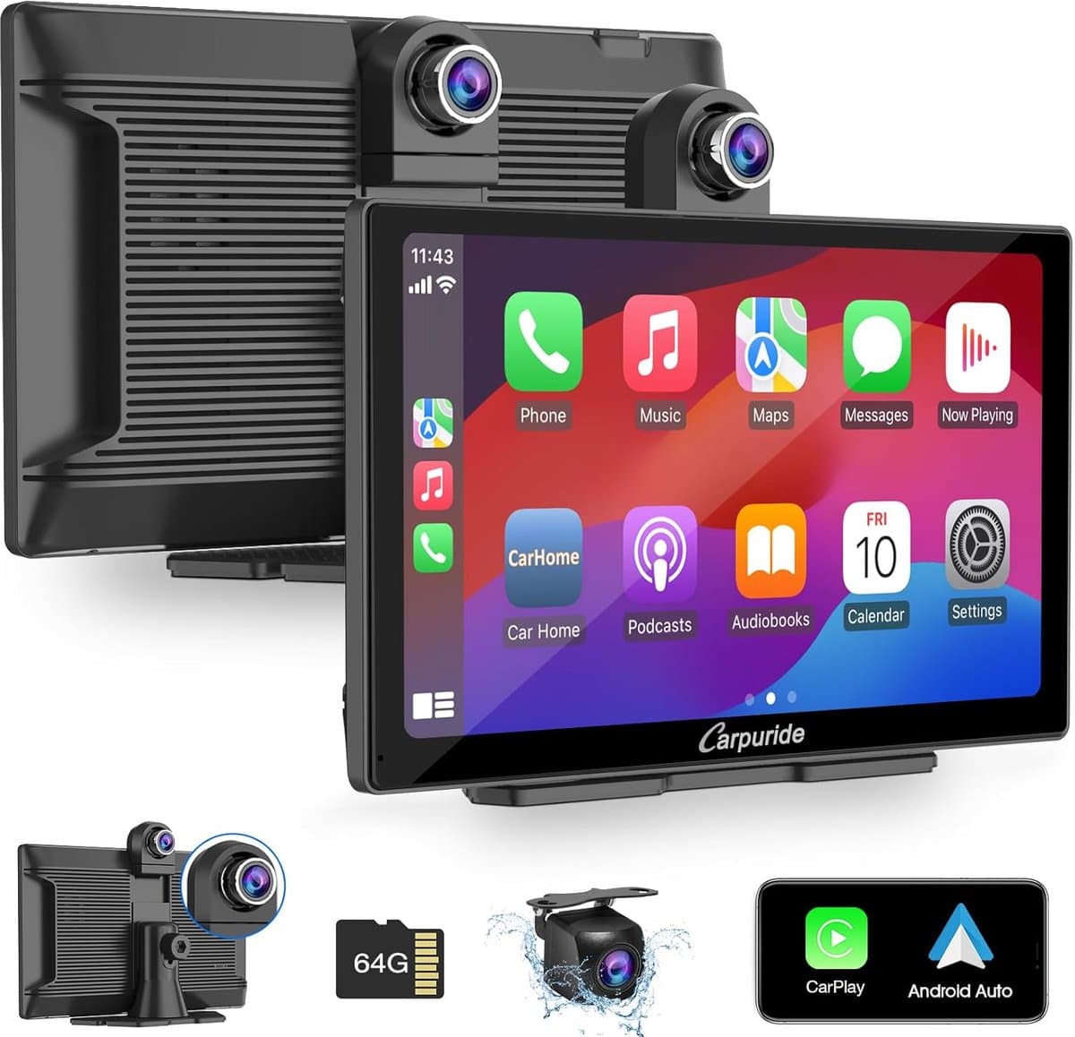 SnelShoppen - Draagbaar 9 Inch HD Touchscreen Auto Scherm met Dashcam, Draadloze Carplay & Android Auto, 4K Camera, Bluetooth, GPS, FM, 64G TF Card — afbeelding 1