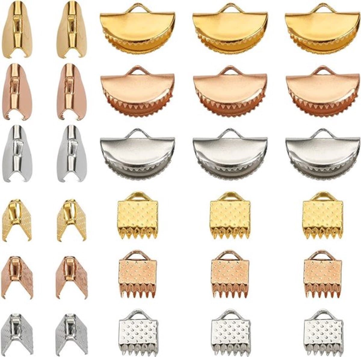 450 stuks lint krimpeinden in drie kleuren met rechthoekige en half ronde vormen, ideaal voor het maken van armbanden en sieraden — afbeelding 1