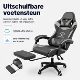 Boncy® Gaming Stoel - Comfortabele Gamestoel met Voetsteun - Game Chair Verstelbaar in Hoogte - 170° Verstelbare Rugleuning - Grijs / Zwart — thumbnail 2