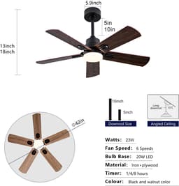 HAUSS SPOLE Plafondventilator - 42 Inch - Met Verlichting En Afstandsbediening - Metaal En Hout - Zwart En Donker Walnoot - Voor Woonkamer En Terras — thumbnail 5