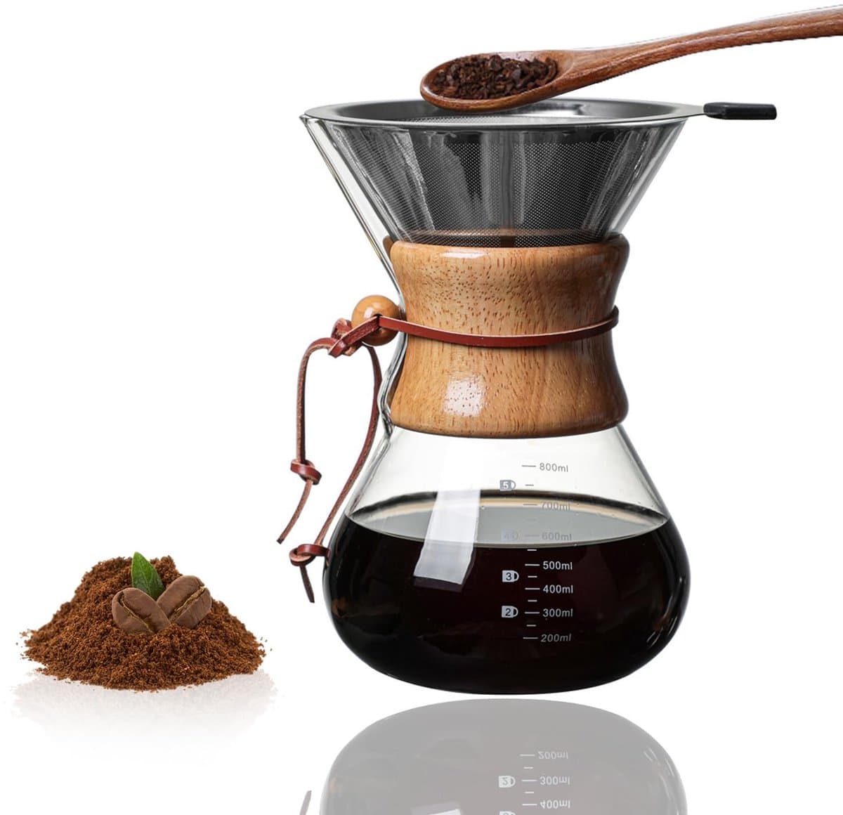 Dailygoods- Koffiezetapparaat 800 ml - Giet op het koffiezetapparaat - Roestvrij staal filter - Houten hals - Glas - Afmetingen 13 x 21,4 cm - Koffiefilter — afbeelding 1