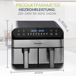 Airfryer XXL - Dual Zone Heteluchtfriteuse - Airfryer Dubbele Lade - 10L Capaciteit - LED Touchscreen - 8 Kookprogramma's - Voor Gezinnen - 40,5 cm - Zwart — thumbnail 2