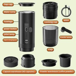ITRONIQ Draagbare Espressomachine Met Accu - Draadloze Mini Koffiemachine 15 Bar - Voor Nespresso Capsules&Gemalen Koffie - Zwart — thumbnail 4
