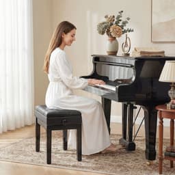 Pianokruk pianobank piano bank make-upkruk kruk met opbergruimte in hoogte verstelbaar (63 x 35 x (45-56) cm), rubberhout, zitkussens van zwarte synthetische stof — thumbnail 5
