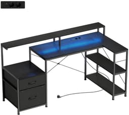 REDOM - L-vormig gaming bureau - LED-verlichting - Dubbele monitorstandaard - USB-C en stopcontacten - Opbergruimte - Metaal en spaanplaat - Zwart - 165 x 80 x 91,5 cm — thumbnail 2