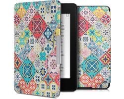 kwmobile e-reader hoesje geschikt voor Amazon Kindle Paperwhite hoes - E reader flip case met magnetische sluiting - Ereader cover - Marokkaanse Tegels Bont design in blauw / rood / lichtbruin