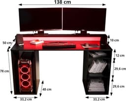 Game Bureau Gaming Desk met LED Verlichting Tafel Computer Bureau - (LxHxP): 50x90x138 cm - SHOT 1 (Zwart + Rode LED) — thumbnail 3