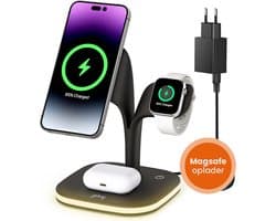Goliving 5-in-1 Draadloos Qi Oplaadstation - Magsafe draadloze oplader - Geschikt voor iPhone 12 en Hoger, Apple Watch & Airpods - Inclusief Dimbaar Nachtlampje en USB A-output - 15W Snellader - Zwart