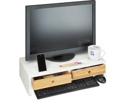 beeldscherm verhoger - 2 lades - 14 x 60 x 30 cm - bamboe - wit