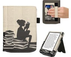 kwmobile e-reader hoesje geschikt voor Pocketbook Verse / Verse Lite / Verse Pro / Color / Vivlio Light/Light HD hoes - E reader flip case van kunstleer - Ereader cover met stand - Meisje met boeken design in zwart / beige
