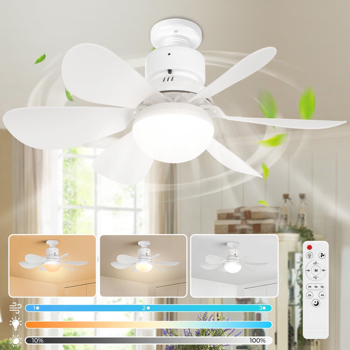 Plafondlampen met Ventilator - 3 kleurtemperatuurverlichting - Doorsnede 52 cm Ventilator Lamp met Afstandsbediening - 40W Plafondventilator met Dimbare LED Lamp - 1/2/4 uur Tmerfunctie - Beschikbaar in Voor Slaapkamer, Woonkamer, Garage enz(Wit) — afbeelding 1