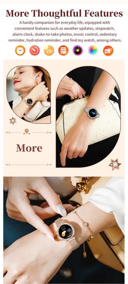 Knobbout Luxe Dames Smartwatch 1.27” met Kristallen – Bluetooth Bellen – HD Touchscreen – Hartslag, Bloeddruk & SpO₂ Monitoring – Vrouwelijke Gezondheidsfuncties – AI spraakassistent– IP68 Waterdicht – Rosé goud stalen horlogeband — thumbnail 6