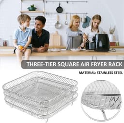 3-laags Airfryer-rek ,Vierkant Airfryer-grillrek, RVS grill-dehydratorrek ,Stapelbaar Airfryer-mandje, met 8 siliconen voetjes 1 anti — thumbnail 2