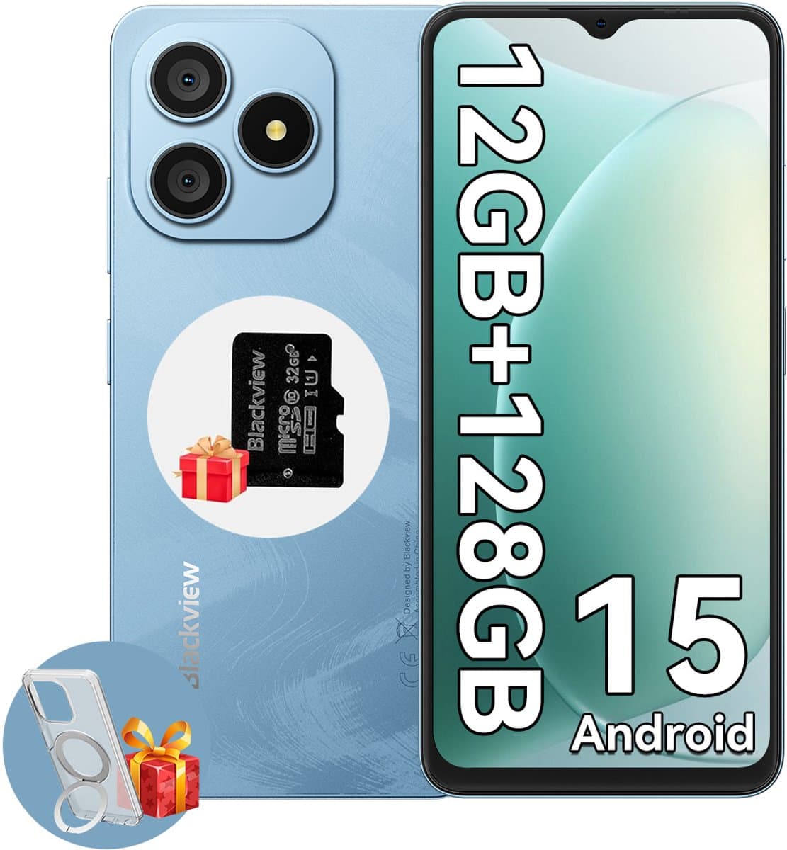 Blackview WAVE 9C Smartphone - 4G Dual SIM - 12 RAM 128GB ROM - Octa Core - 6.56 inch - Android 15 - 32GB TF kaart - Ringhouder Telefoonhoesje - Blauw — afbeelding 1