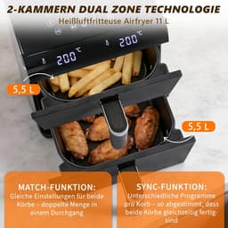 Glitzerlife - Heteluchtfriteuse - Dual-Zone Dual-Chamber 11L Heteluchtfriteuse - 13-in-1 2800W - Touchscreen Timer en Temperatuurregeling - Zwart - Huishoudelijke Heteluchtfriteuse voor Dagelijks Koken — thumbnail 6