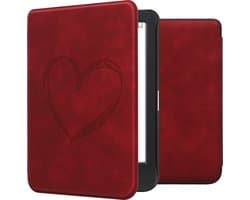 kwmobile e-reader hoesje geschikt voor Kobo Clara BW / Colour hoes - Ereader flip case met standaard - Kunstleren e reader cover - Brushed Hart design in donkerrood