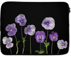 Laptophoes 15.6 inch - Viooltjes op een rij - Laptop sleeve - Binnenmaat 37x26 cm - Zwarte achterkant