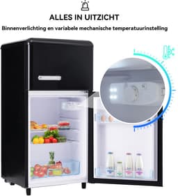 Retro Koelkast - Dubbeldeurs Koelkast - Koelkast Met Vriesvak - 72 Liter - 39dB Stil - Apart Vriesvak - Kantoor - 46x45x91 cm - Koelen En Vriezen - Zwart — thumbnail 5