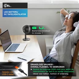 Draadloze Tafelventilator - Accu Ventilator Bureau - Persoonlijke Koeling - Stille DC Motor - 22.5x13x11.5 cm - Zwart — thumbnail 4