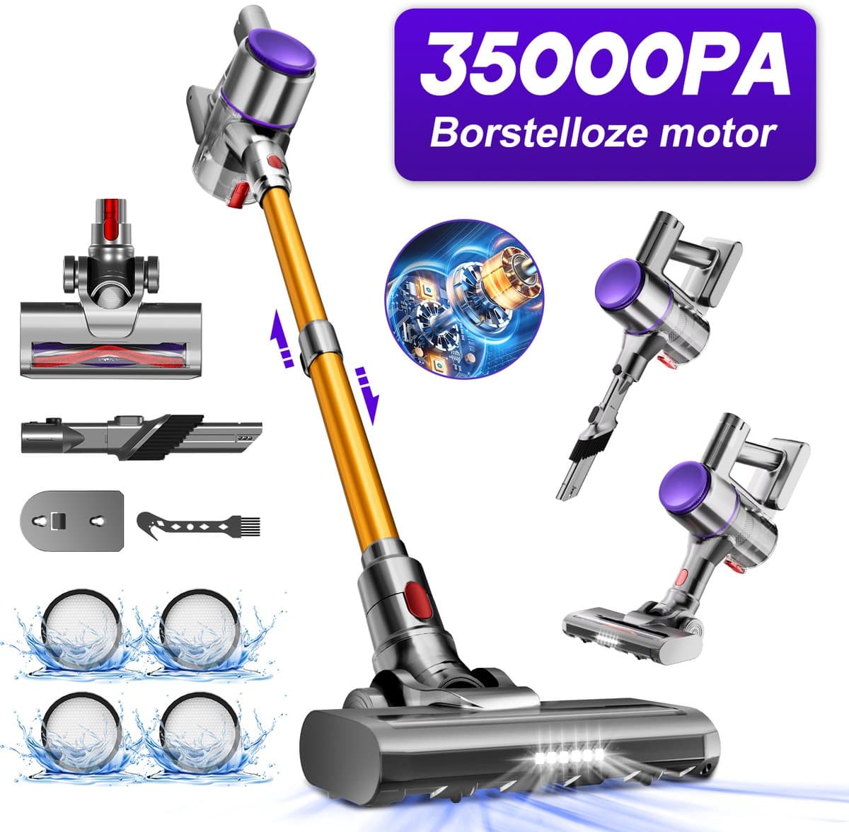 Elekiatech Steelstofzuiger - 35000Pa - Steelstofzuiger Draadloos - 2200 mAh Accu - 50 Minuten - 1,5 L Stofbak - voor Tapijten en Harde Vloere - Gold — afbeelding 1