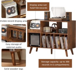 Platenspeler Tafel - Platenspeler Standaard - Vinyl Opbergkast voor 450+ Elpees - Grote Platenkast met Nu Afspelend Display - Vinyl Storage Meubel - Audiomeubel & Platenspeler Meubel - Platenhouder voor Woonkamer & Muziekkamer — thumbnail 5