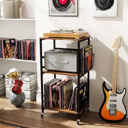 Platenspeler Stand - Platenspeler Meubel - 3 Etages - Verrijdbare Kast met Wielen - Vinyl Opbergsysteem voor LP's - Houten Platenkast - LP Record Holder - Tafel voor Draaitafel - Bijzettafel voor Woonkamer, Slaapkamer & Kantoor — thumbnail 5