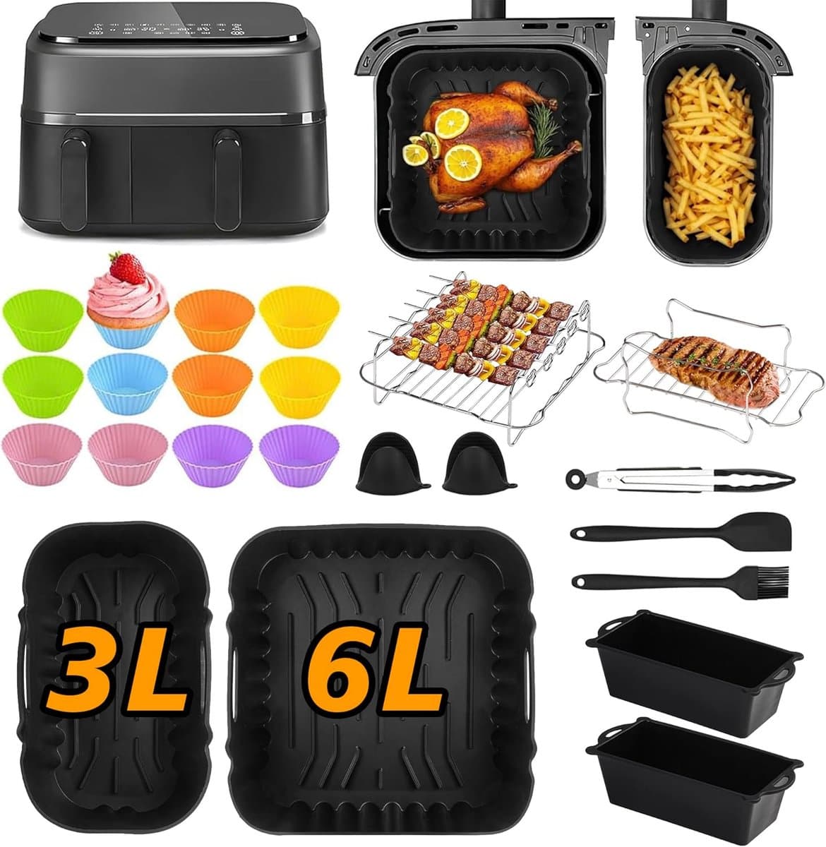 Airfryer accessoires voor Philips Dual Basket 3000/5000 Serie – 28 delig – geschikt voor 3L & 6L – BPA-vrij siliconen – 304 roestvrij staal – grillrek – spiezen – vaatwasserbestendig – inclusief muffinvormpjes — afbeelding 1