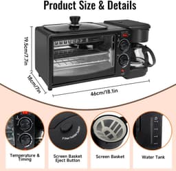 Innovastore Ontbijtmachine - Oven - Koffiezetapparaat - Broodrooster - Bakken - Warmhoudplaat - Kamperen - 3-1 machine - Zwart — thumbnail 3