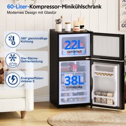 Gutent-Minikoelkast met vriesvak - 60L totaal - 22L vries - Glazen deur - LED-verlichting - Temperatuurregeling - Zwart — thumbnail 9
