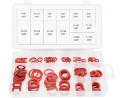 Set van 150 vlakke ringen in 14 maten - Rode stalen papieren fiber isolatiering assorti met opbergdoos voor diverse toepassingen