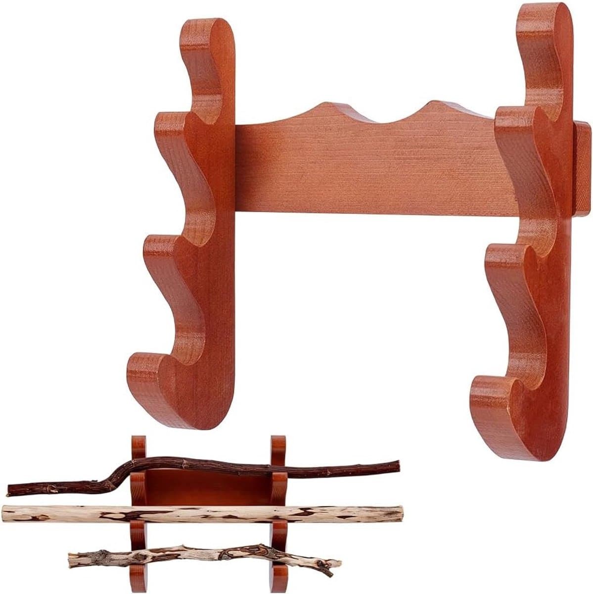 Houten Wandhouder voor Stokken, 18 x 8 x 18 cm, Drie-traps Standaard voor Wanddecoratie, Thuis en Kantoor, Bruin — afbeelding 1
