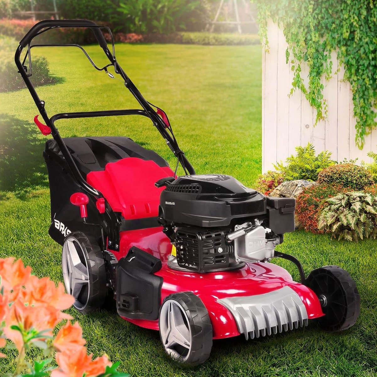 Benzine grasmaaier met aandrijving - 3,5kW tot 5,2kW vermogen - 46-51cm maaibreedte - 30-80mm maaihoogte - 60L opvangzak - TUV gekeurd — afbeelding 1