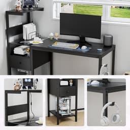 Computerbureau - Computerbureau met stopcontact en opbergplanken – Studie- en schrijftafel met USB-poorten en oplaadstation – PC-bureau/werkstation voor thuiskantoor – Zwart — thumbnail 3