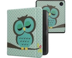 kwmobile e-reader hoesje geschikt voor Kobo Libra Colour hoes - E reader flip case met magnetische sluiting - Ereader cover - Slapende Uil design in turquoise / bruin / mintgroen