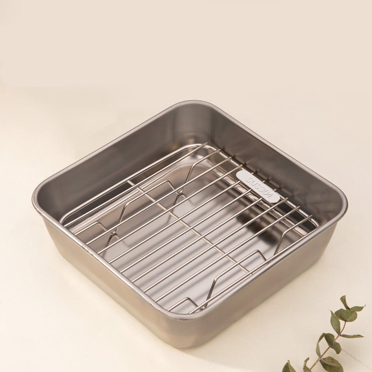 Braadpan en rooster set, roestvrijstalen braadpan - rechthoekige braadpan - antiaanbaklaag - geschikt voor koken en bakken - airfryer accessoires - afmetingen 15,7 x 15,7 x 4,7 cm-Geschikt voor airfryers met een inhoud van 3,5 tot 8 liter. — afbeelding 1