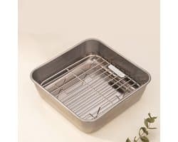 Braadpan en rooster set, roestvrijstalen braadpan - rechthoekige braadpan - antiaanbaklaag - geschikt voor koken en bakken - airfryer accessoires - afmetingen 15,7 x 15,7 x 4,7 cm-Geschikt voor airfryers met een inhoud van 3,5 tot 8 liter.