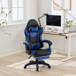 Ergonomische Bureaustoel/Gamingstoel – Verstelbare Rugleuning – 360° Draaibaar - Met Armleuningen En Voetsteun - Hoofdsteun & Lendensteun - Zwart, blauw — thumbnail 3