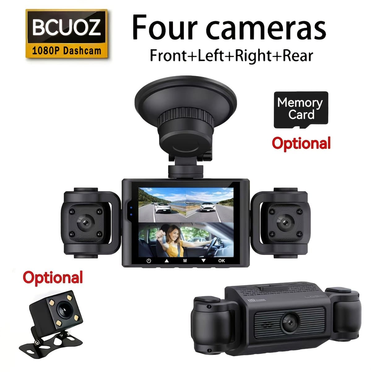 360° vierkanaals dashcam - Uitgerust met een 1080p-camera aan de voorzijde en 480p-camera's aan de achterzijde, met ondersteuning voor nachtzicht, breed dynamisch bereik, 6,1-inch IPS-scherm, loopopname, G-sensor en 24-uurs parkeerbewaking. — afbeelding 1