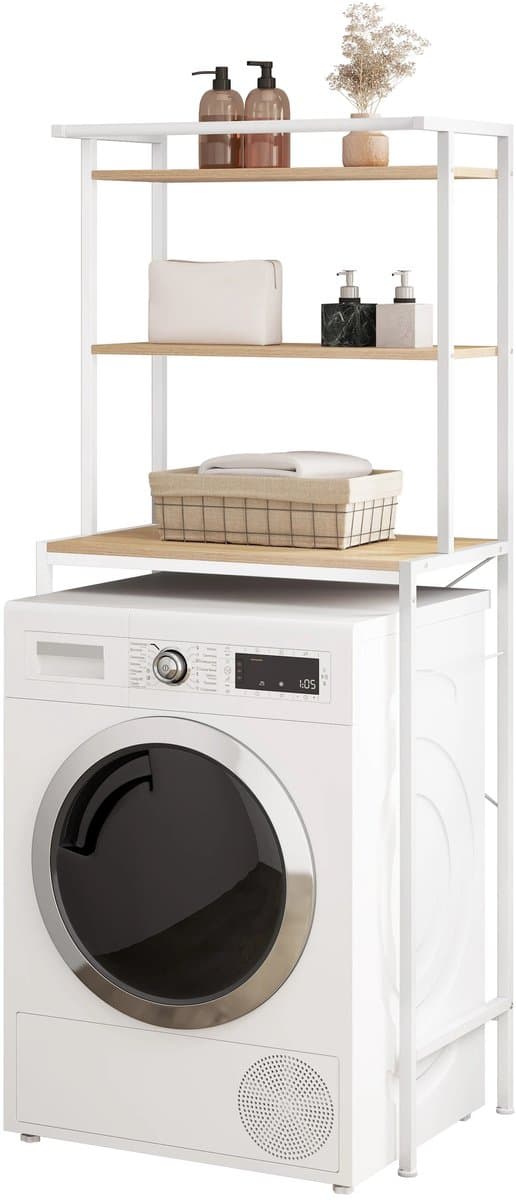 LabelOne Wasmachine Kast - Wasmachine Ombouw - Wasmachine Rek - Opbergrek - 3 planken - metalen frame - 67x40x162 cm - wit/hout — afbeelding 1