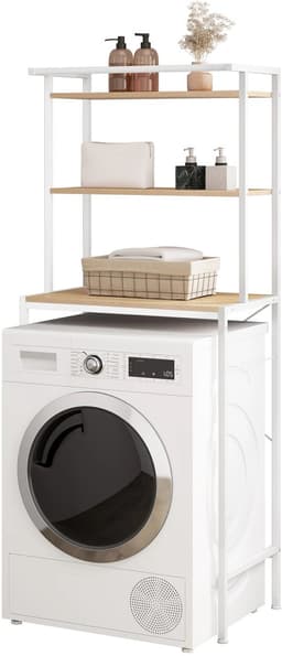 LabelOne Wasmachine Kast - Wasmachine Ombouw - Wasmachine Rek - Opbergrek - 3 planken - metalen frame - 67x40x162 cm - wit/hout — thumbnail 1