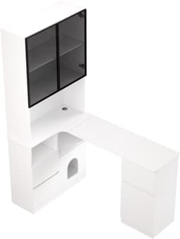 Hoekbureau - Bureau Met LED Vitrinekast En Opbergruimte - 120cm Werkplek Met Kabelmanagement - Incl. Huisdierenverblijf, 3 Lades En 2 Deuren - Wit — thumbnail 3