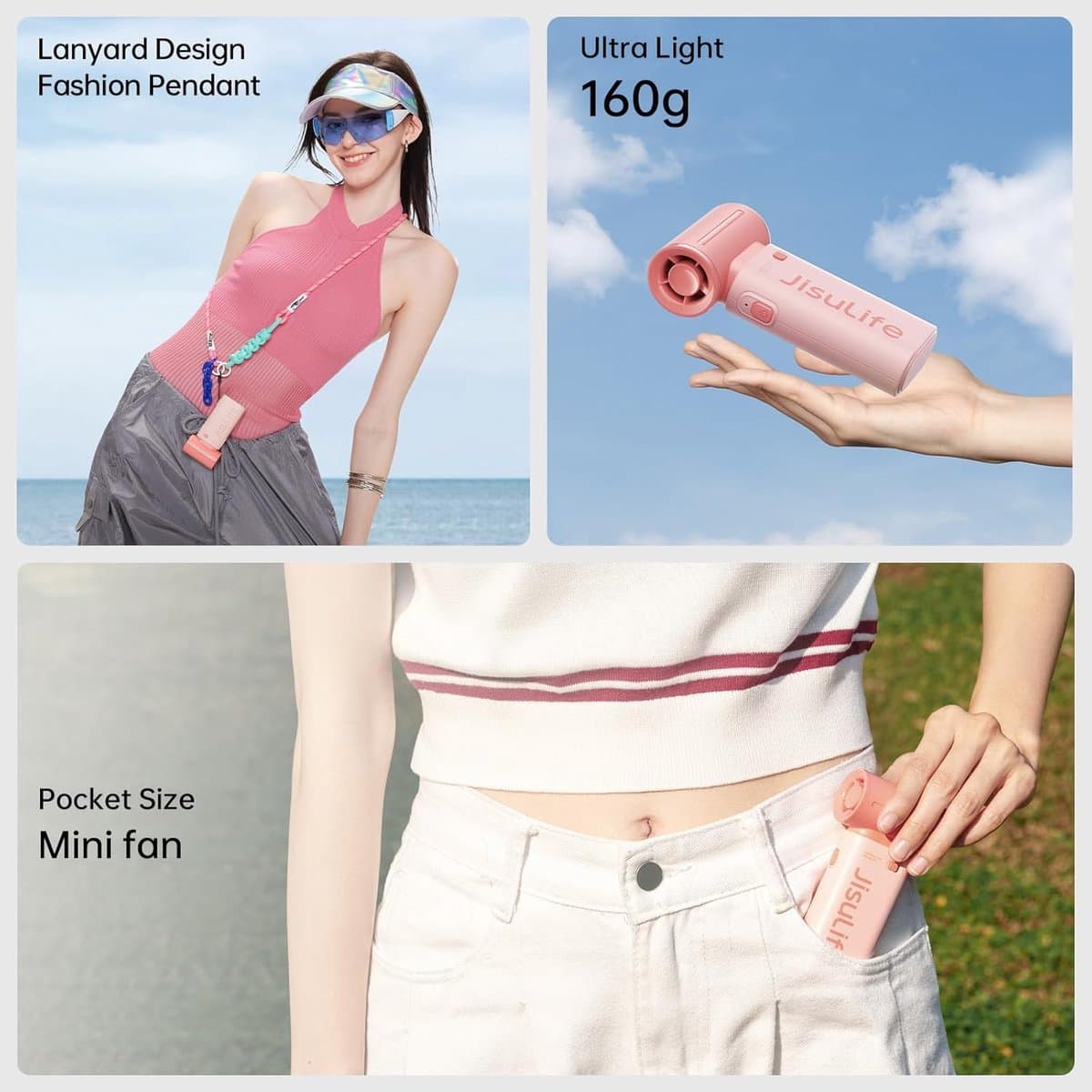 Krachtige handventilator met 5 snelheden - USB-oplaadbare mini ventilator voor onderweg in roze — afbeelding 1