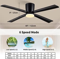 Plafondventilator met Licht en Afstandsbediening - 122cm Stille 4 Blade Ventilator voor Slaapkamer en Woonkamer — thumbnail 2