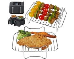 Air Fryer Racks voor Dual Zone Luchtfriteuse - 2 Stuks Dehydrator Rack met 4 Spiesjes, Roestvrijstalen Accessoires voor Grillen en Bakken
