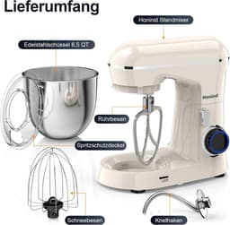 SnelShoppen - Keukenmachine 1400 W, Kneedmachine met 6 L Roestvrijstalen Kom, 10+ P-niveaus, Deegmachine voor Baktijd, Wit, inclusief Garde en Spatbes — thumbnail 2